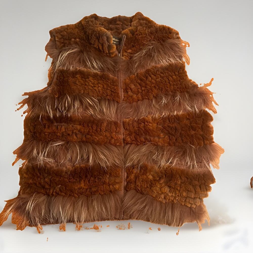 Linda Richards Luxury Brown Knit Fur Vest Women's Medium